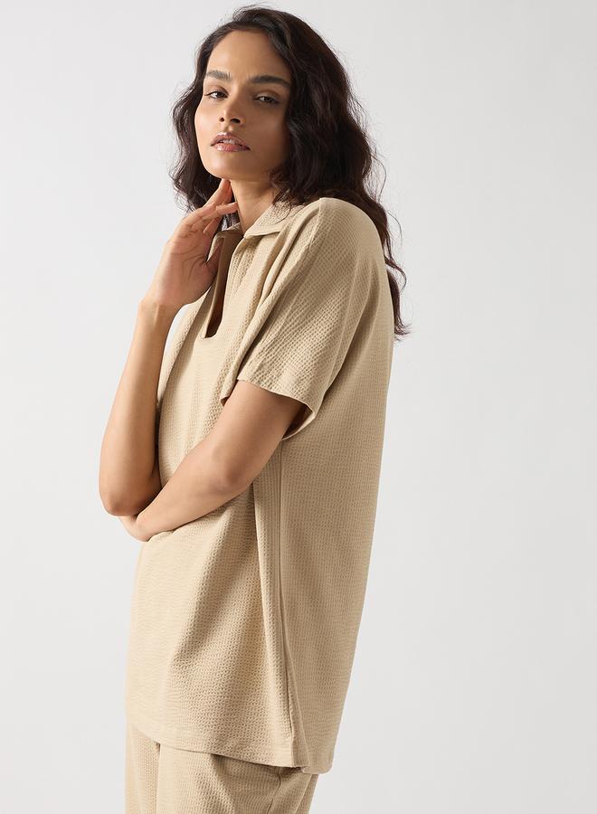Femmella Beige Cotton Short Sleeve Knit T-Shirt - Image 2