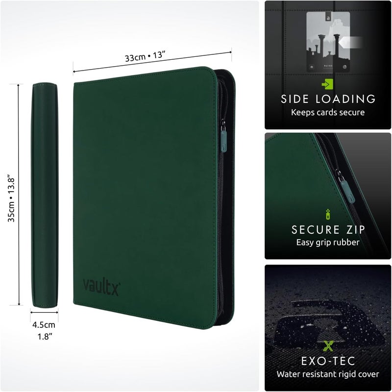 Vault X 12 XL Pocket Trading Card Zip Binder - 624 cards, Premium Exo-Tec Album Material, 26 Side-Loading Pages, Folder for Collectible Card Games, Sports, TCG (Green) - Image 2