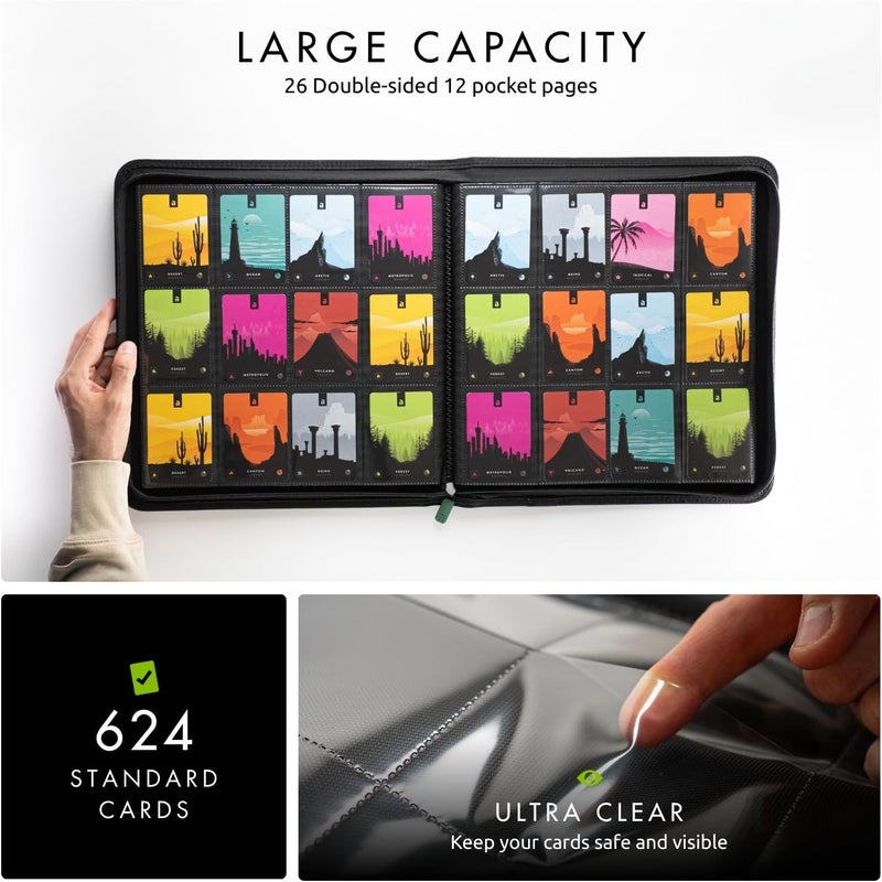 Vault X 12 XL Pocket Trading Card Zip Binder - 624 cards, Premium Exo-Tec Album Material, 26 Side-Loading Pages, Folder for Collectible Card Games, Sports, TCG (Green) - Image 3