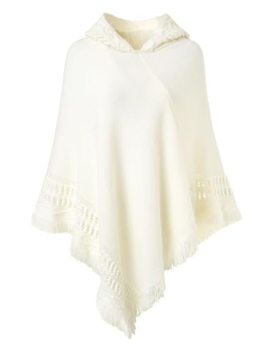 Ferand Ladies Hooded Cape with Fringed Hem Crochet Poncho Knitting Patterns for Women White
