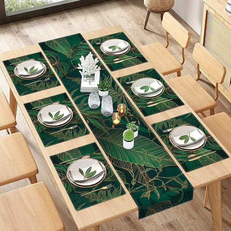 ArtSocket Palm Leaves Table Runner and Placemats Set of 6 Luxury Geometric Green Gold line Modern Tropical Dining Decor for Daily Use1 Table Runner 72 inches Long and 6 Placemats