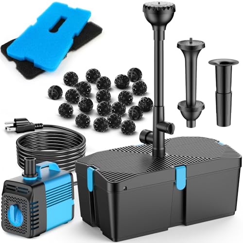 FEOXSHAL Pond Filter with Fountain Pump Kits, 60W 820GPH Pond Pump and Filter Kit with Submersible Water Pump Flow Ajustable for Outdoor Ponds Koi Pond Garden Fish Tank Water Features - Image 1