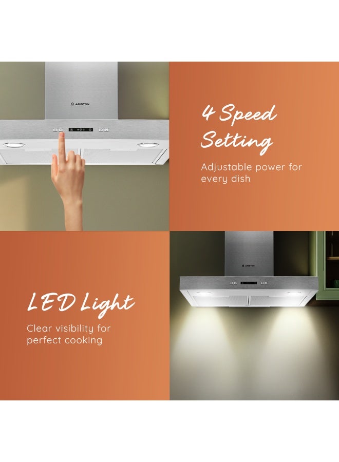 Ariston Built in 90cm Chimney Hood, Telescopic, Wall mounted, Washable Filter, 3 Speed Settings, Stainless Steel Material, Mechanical Control, Self Supporting, 220 W AHBS9.3FLLX Silver - Image 5