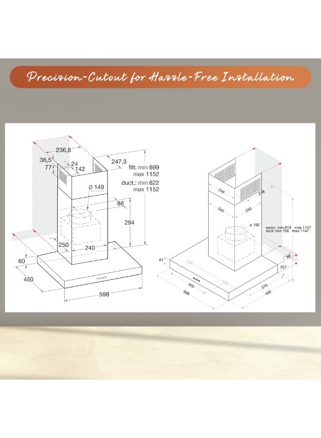 Ariston Built in 90cm Chimney Hood, Telescopic, Wall mounted, Washable Filter, 3 Speed Settings, Stainless Steel Material, Mechanical Control, Self Supporting, 220 W AHBS9.3FLLX Silver - Image 3