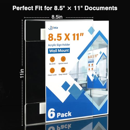Dynta 6 Pack Acrylic Sign Holder 8.5 x 11 Wall Mount, Clear Plastic Frames with Adhesive Tape, Vertical Fly Holder for Office, Restaurant, School and Home, No Drilling Required - Image 2