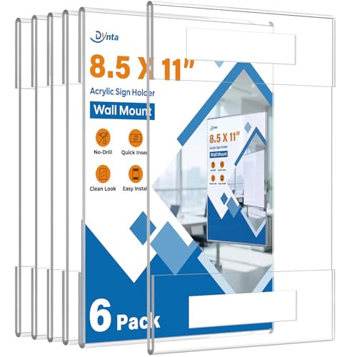 Dynta 6 Pack Acrylic Sign Holder 8.5 x 11 Wall Mount, Clear Plastic Frames with Adhesive Tape, Vertical Fly Holder for Office, Restaurant, School and Home, No Drilling Required - Image 1