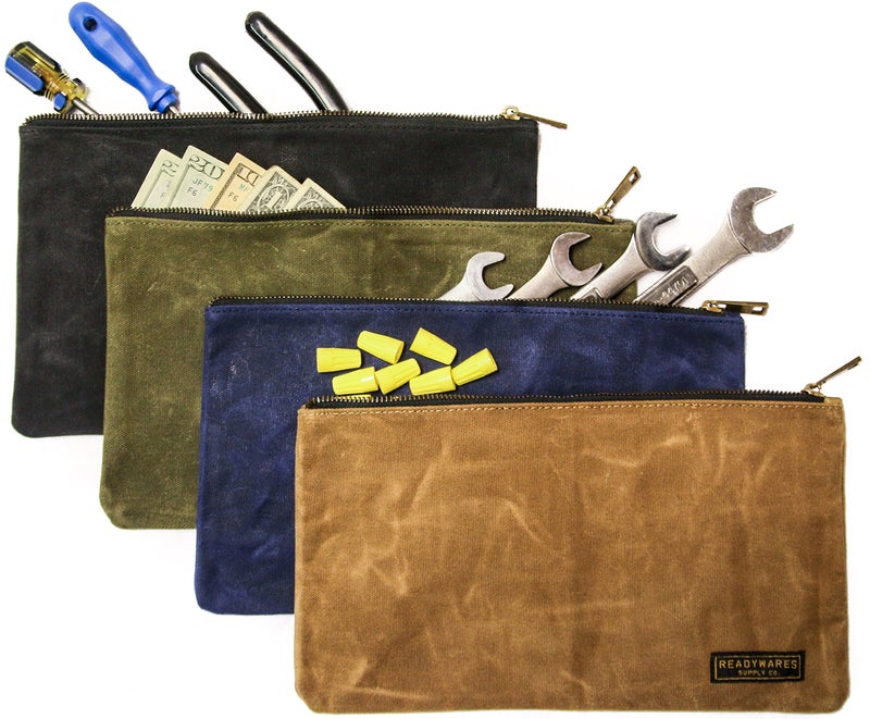 Readywares Waxed Canvas Zipper Pouch  Heavy Duty Canvas Tool Bags  4 Colors: Tan  Olive  Navy  And Black  12.5"" X 7"" - 4-Pack  Small Zipper Pouch - Image 2