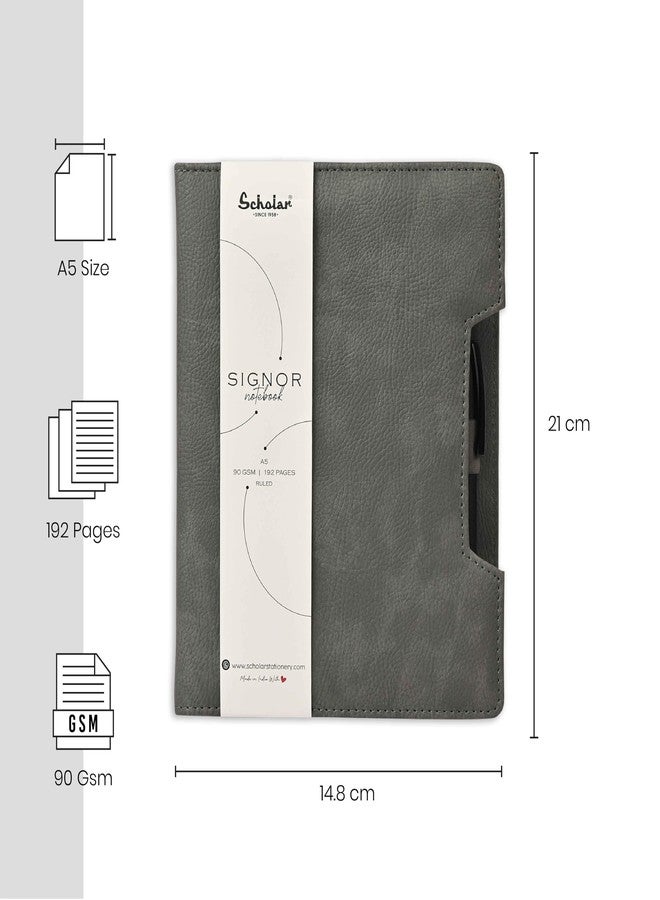 Scholar A5 Signor Notebook (192 Pages, 90 GSM Natural Shade Paper, Pen Holder Loop) (Grey) - Image 2