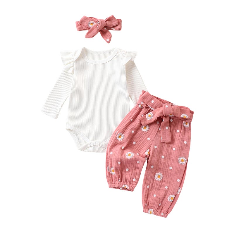 allshope Baby Girl Fall Clothes Set Long Sleeve Crewneck Floral Print Romper Top Pants Cute Newborn Outfit 3 6 12 18 24 Months (Pink, 18-24 Months) - Image 1