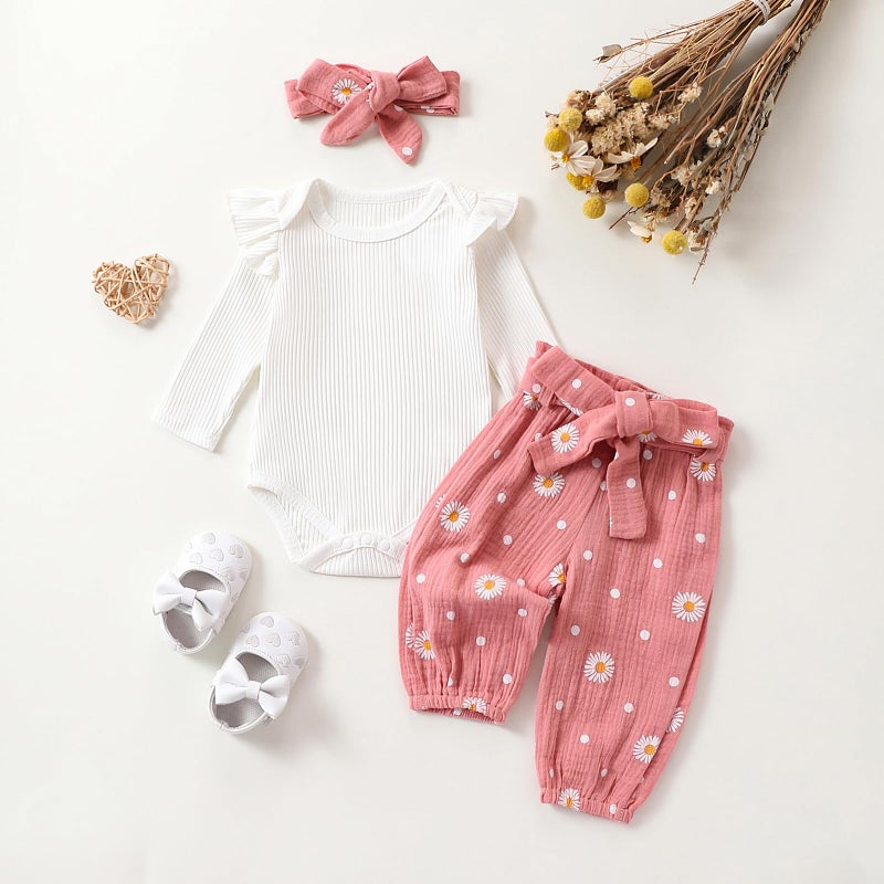 allshope Baby Girl Fall Clothes Set Long Sleeve Crewneck Floral Print Romper Top Pants Cute Newborn Outfit 3 6 12 18 24 Months (Pink, 18-24 Months) - Image 2