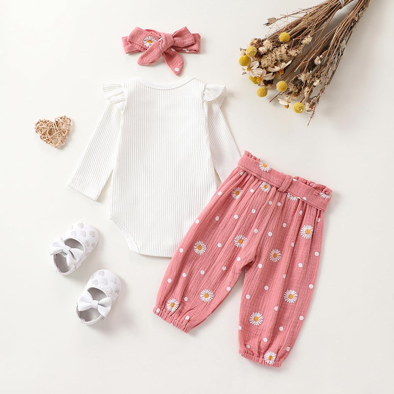 allshope Baby Girl Fall Clothes Set Long Sleeve Crewneck Floral Print Romper Top Pants Cute Newborn Outfit 3 6 12 18 24 Months (Pink, 18-24 Months) - Image 3