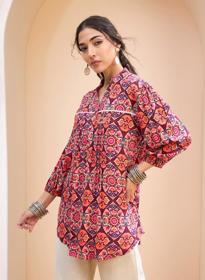 SASSAFRAS Maroon Floral Pintuck Detail Shirt - Image 3