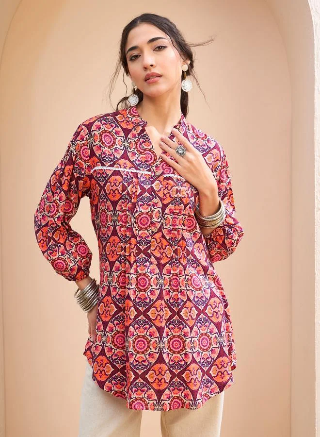 SASSAFRAS  SASSAFRAS Maroon Floral Pintuck Detail Shirt for Women | Best Price UAE