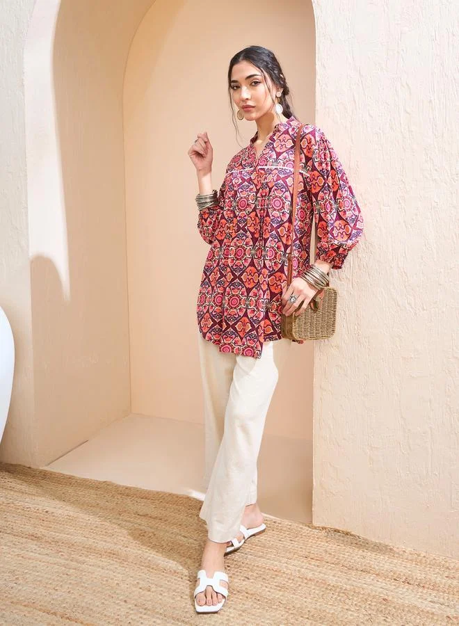 SASSAFRAS  SASSAFRAS Maroon Floral Pintuck Detail Shirt for Women | Best Price UAE