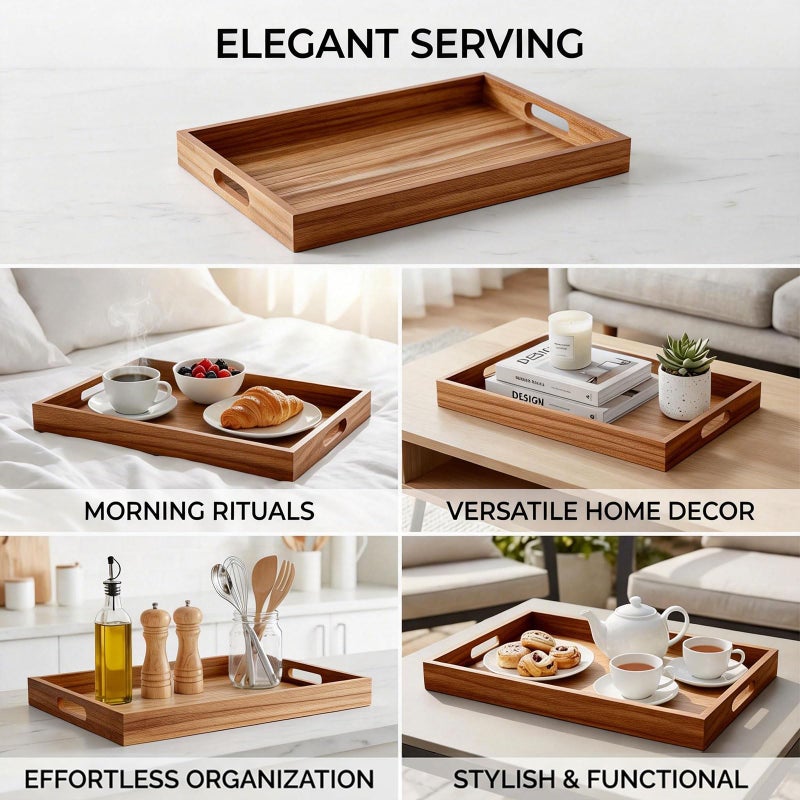 Krismax Wooden Serving Tray with Handles, Rustic Brown Rectangular Serving Platter 15.7x11.4 Inch for Coffee Table, Decorative Storage Tray - Image 3