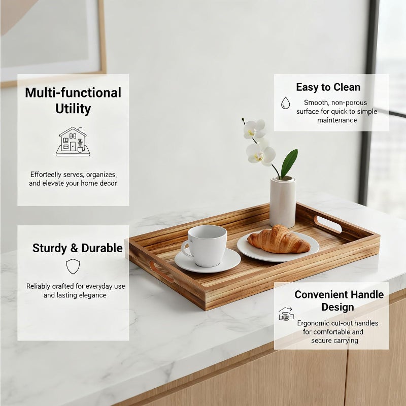Krismax Wooden Serving Tray with Handles, Rustic Brown Rectangular Serving Platter 15.7x11.4 Inch for Coffee Table, Decorative Storage Tray - Image 5