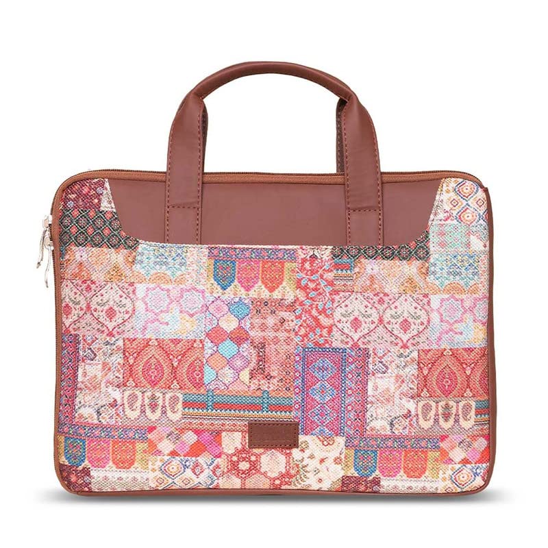 ZOUK Kutch Gamthi Motif Printed Women's Jute Handcrafted Vegan Leather Multicolor L Zipper Laptop Sleeve 15.6 inch - Image 1