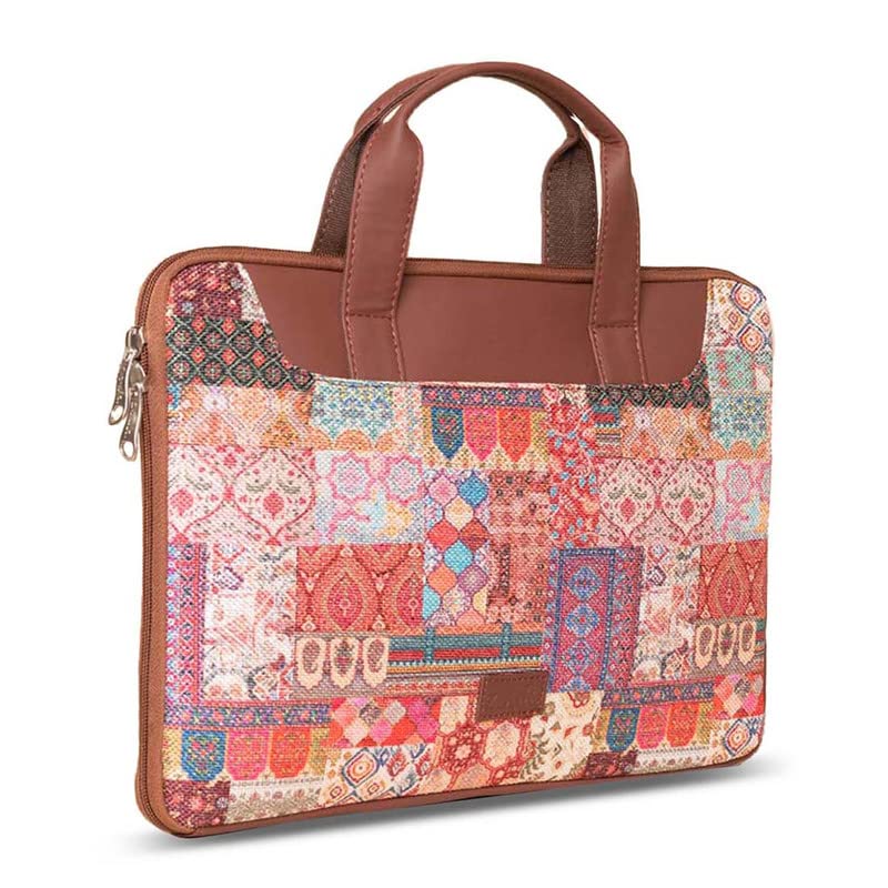 ZOUK Kutch Gamthi Motif Printed Women's Jute Handcrafted Vegan Leather Multicolor L Zipper Laptop Sleeve 15.6 inch - Image 3