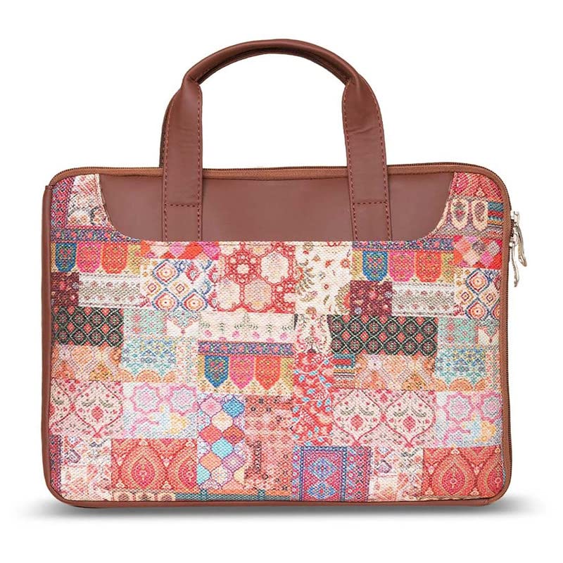 ZOUK Kutch Gamthi Motif Printed Women's Jute Handcrafted Vegan Leather Multicolor L Zipper Laptop Sleeve 15.6 inch - Image 4