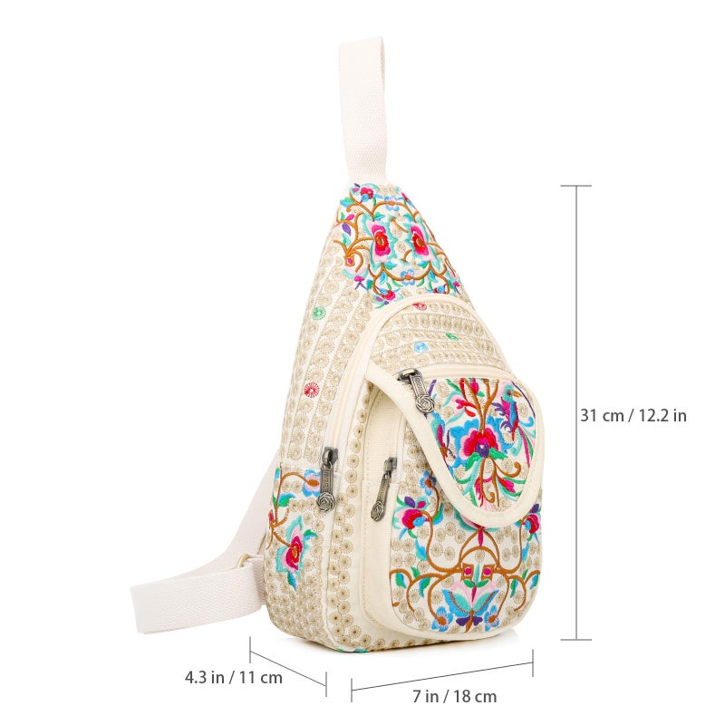 SILKAREA Vintage Floral Small Sling Bag for Women's Chest Purse Handbag Shoulder Bag Travel Embroidered Backpack Purse (Beige Red) - Image 5