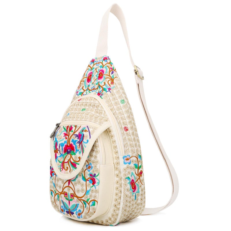 SILKAREA Vintage Floral Small Sling Bag for Women's Chest Purse Handbag Shoulder Bag Travel Embroidered Backpack Purse (Beige Red) - Image 1