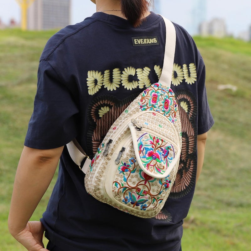 SILKAREA Vintage Floral Small Sling Bag for Women's Chest Purse Handbag Shoulder Bag Travel Embroidered Backpack Purse (Beige Red) - Image 2