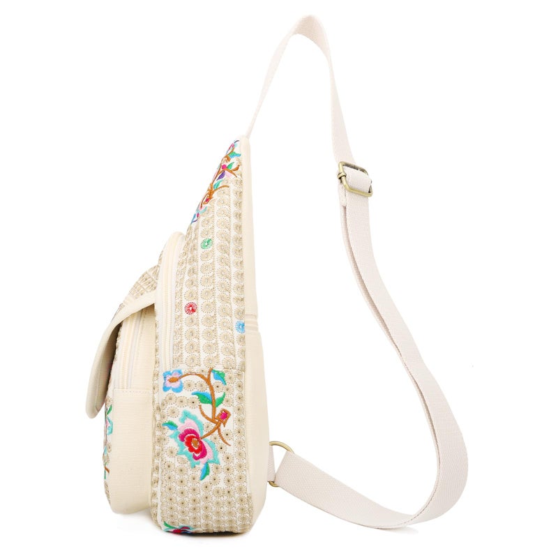 SILKAREA Vintage Floral Small Sling Bag for Women's Chest Purse Handbag Shoulder Bag Travel Embroidered Backpack Purse (Beige Red) - Image 3