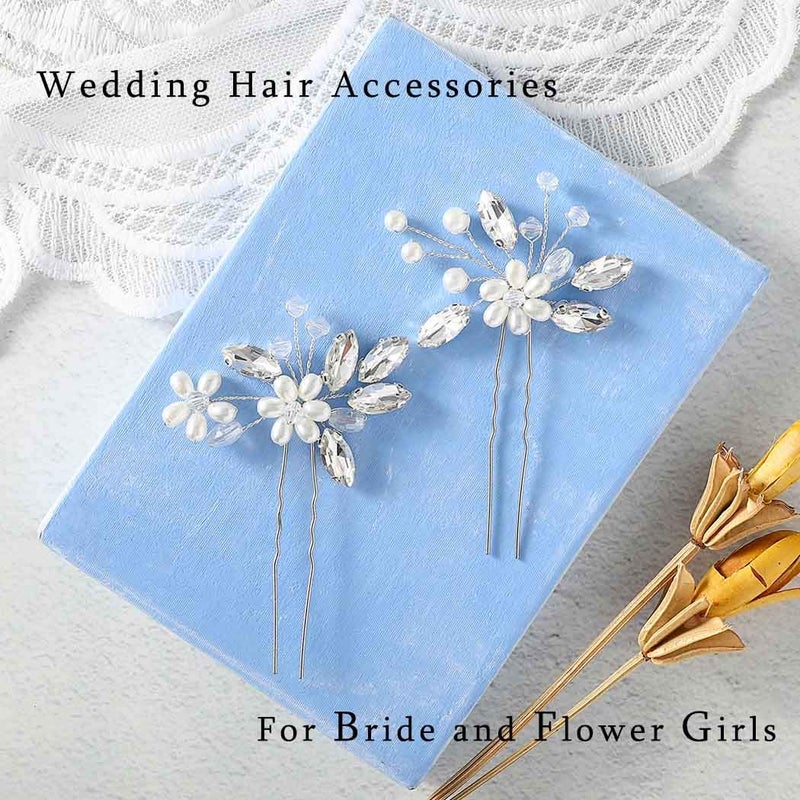 Catery Flower Bridal Hair Pins Pearl Wedding Clips Hairpiece Crystal Bridesmaid Headpiece Accessories for Women Pack of 2 (Silver) - Image 3