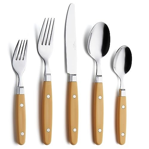 ANNOVA Silverware Set RetroRivet Colorful Stainless Steel Tableware Kitchen Flatware Set Utensils Includes Dinner Knives Forks Spoons Salad Forks Dessert Spoons Ginger Yellow 20 Pieces - Image 1