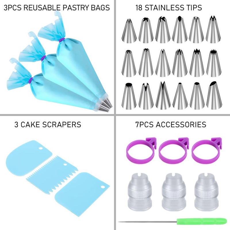 Wddeevoi Piping Bags and Tips Set, Cakes Decorating Kit Supplies with 3 Reusable Pastry Bags, 18 Frosting Tips, 3 Couplers, 3 Bag Ties, 3 Cake Scraper, 1 Cake Decorating Tools for Cookie Icing - Image 2