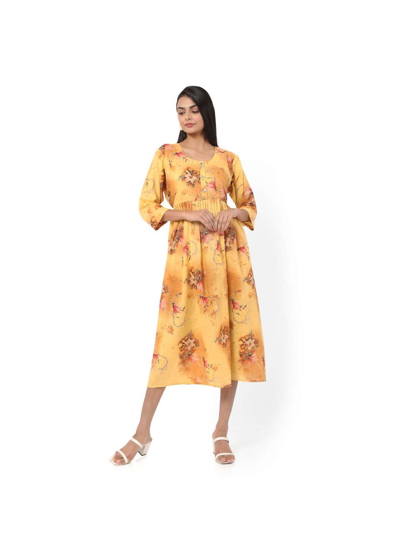 HANA & SARA - SHORT YELLOW COLOUR HIGH QUALITY FLORAL PRINTED WITH FRONT BUTTONED STYLED ARABIC KAFTAN JALABIYA DRESS - Image 1