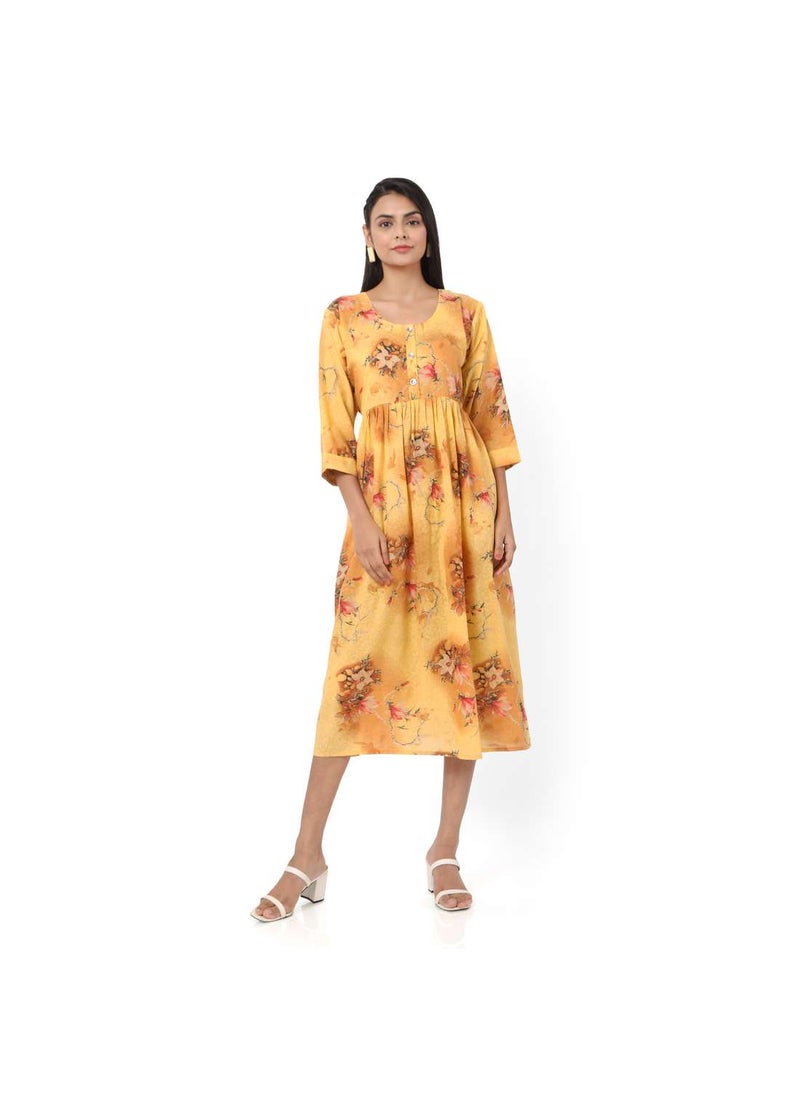 HANA & SARA - SHORT YELLOW COLOUR HIGH QUALITY FLORAL PRINTED WITH FRONT BUTTONED STYLED ARABIC KAFTAN JALABIYA DRESS - Image 1