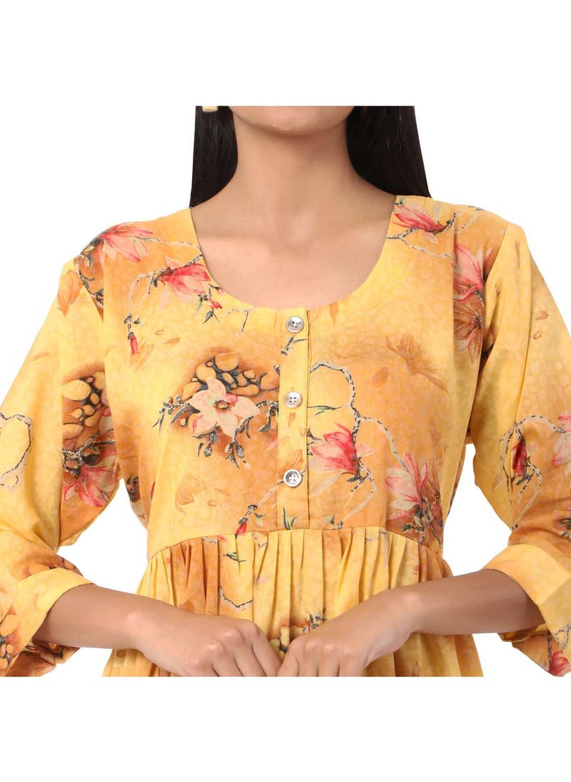 HANA & SARA - SHORT YELLOW COLOUR HIGH QUALITY FLORAL PRINTED WITH FRONT BUTTONED STYLED ARABIC KAFTAN JALABIYA DRESS - Image 1