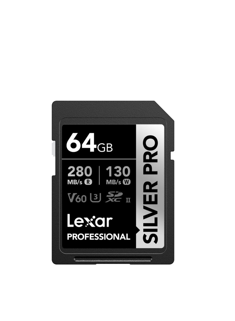 Lexar Silver Pro SD Card 64GB, UHS-II Memory Card, V60, U3, C10, SDXC Card, Up To 280MB/s 64 GB - Image 1