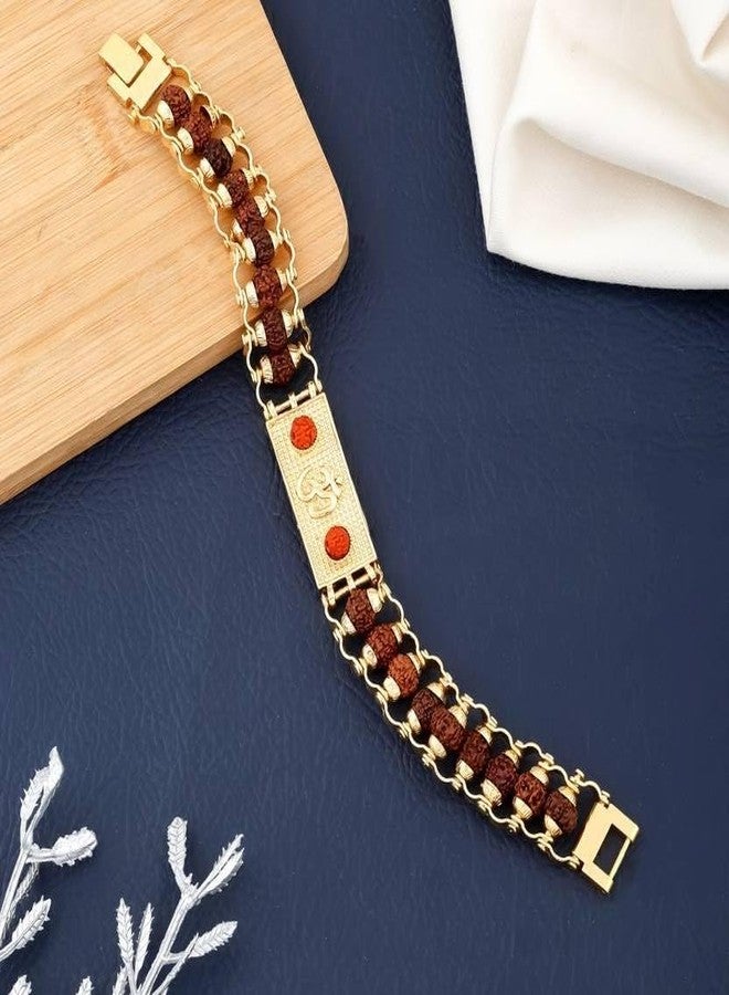 DIVISHA Gold Plated Rudraksha Bracelet for Men with Om Design | Spiritual Kada | Adjustable Chain | Religious Gift for Men & Boys - Image 3