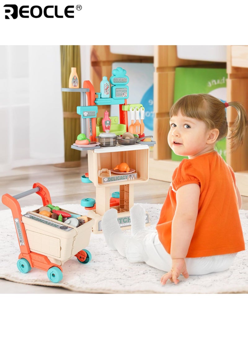 REOCLE Kid's 2-in-1 Shopping Cart with Kitchen Playset and Pretend Food Design Toddler Role Play Toy with Pots Pans for Imaginative Learning - Image 2
