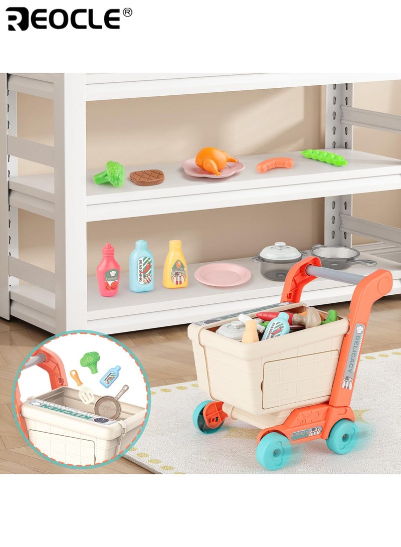 REOCLE Kid's 2-in-1 Shopping Cart with Kitchen Playset and Pretend Food Design Toddler Role Play Toy with Pots Pans for Imaginative Learning - Image 3