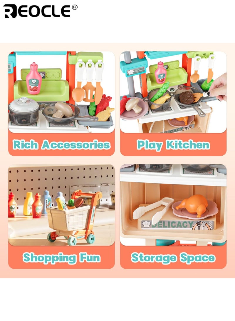 REOCLE Kid's 2-in-1 Shopping Cart with Kitchen Playset and Pretend Food Design Toddler Role Play Toy with Pots Pans for Imaginative Learning - Image 5