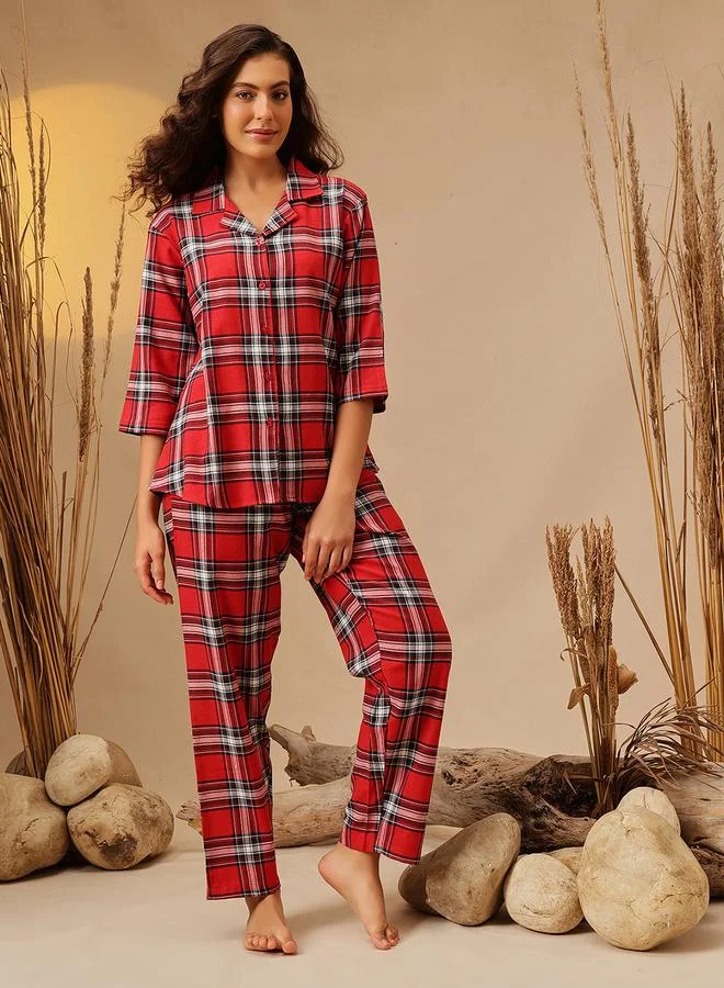 Clovia Checkered Button Down Shirt and Pyjama Set