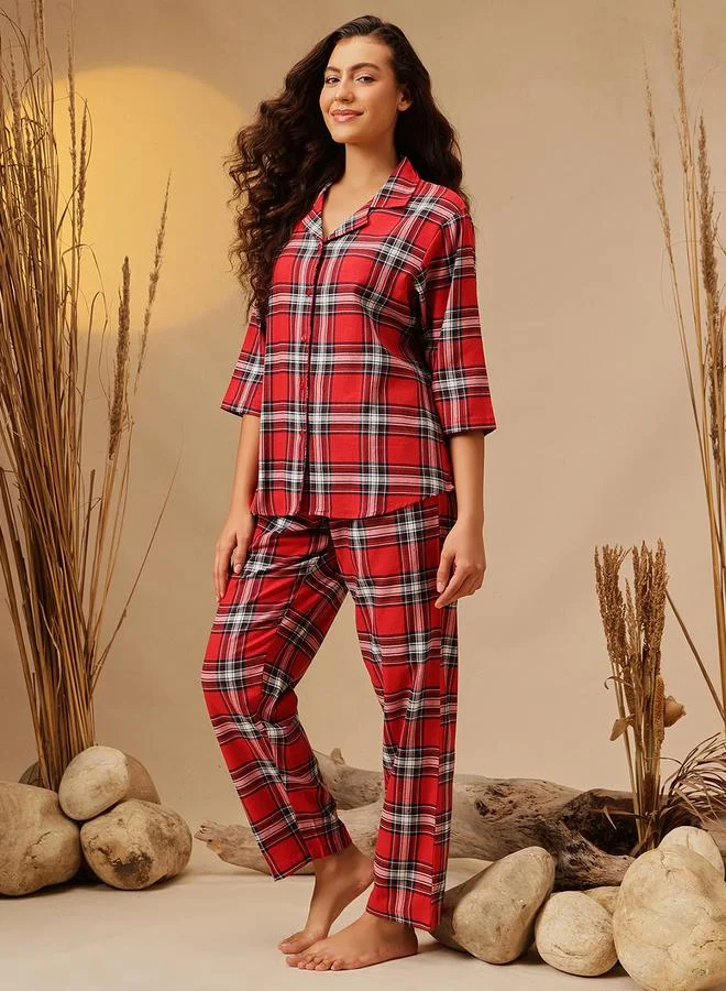 Clovia Checkered Button Down Shirt and Pyjama Set