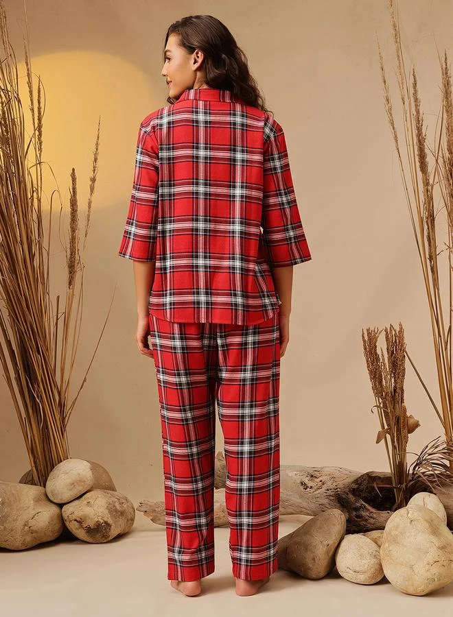 Clovia Checkered Button Down Shirt and Pyjama Set