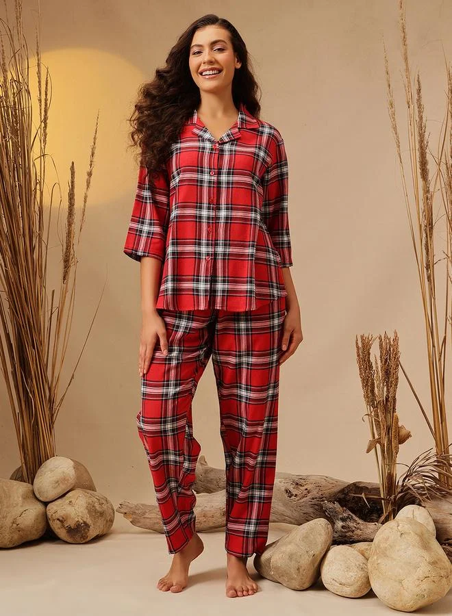 Clovia Checkered Button Down Shirt and Pyjama Set