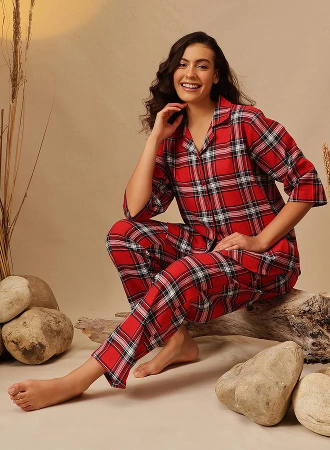 Clovia Checkered Button Down Shirt and Pyjama Set