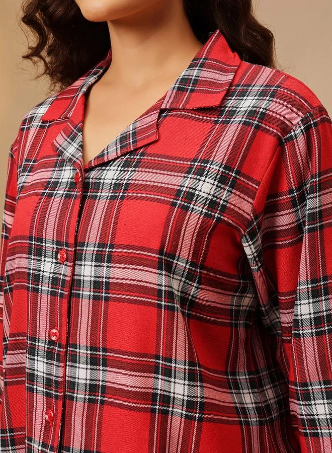 Clovia Checkered Button Down Shirt and Pyjama Set