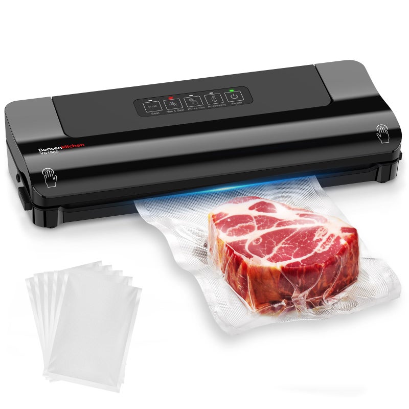 Bonsenkitchen Vacuum Sealer, Multi-Functional Food Sealer with 5 Vacuum Bags, External Vacuum System & Accessory Tube,Fast-Compact Design, Bright Black - Image 1
