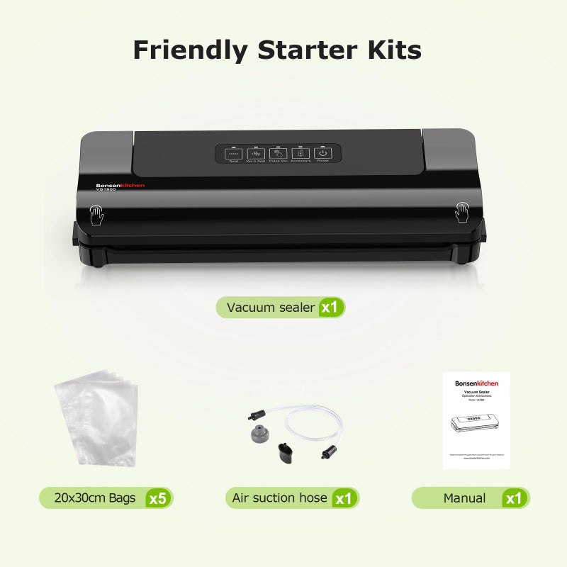 Bonsenkitchen Vacuum Sealer, Multi-Functional Food Sealer with 5 Vacuum Bags, External Vacuum System & Accessory Tube,Fast-Compact Design, Bright Black - Image 5