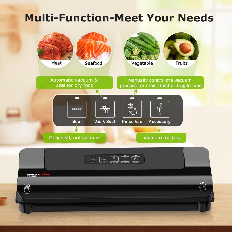 Bonsenkitchen Vacuum Sealer, Multi-Functional Food Sealer with 5 Vacuum Bags, External Vacuum System & Accessory Tube,Fast-Compact Design, Bright Black - Image 2