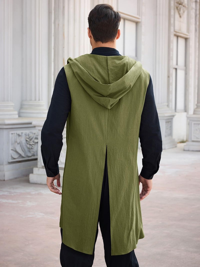 Runcati Mens Renaissance Costume Hooded Surcoat Medieval Knight Sleeveless Tunic Tops Tabard Viking Holloween Cloak Army Green - Image 3