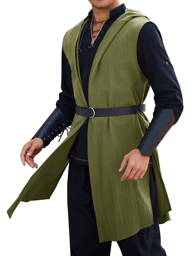 Runcati Mens Renaissance Costume Hooded Surcoat Medieval Knight Sleeveless Tunic Tops Tabard Viking Holloween Cloak Army Green - Image 1