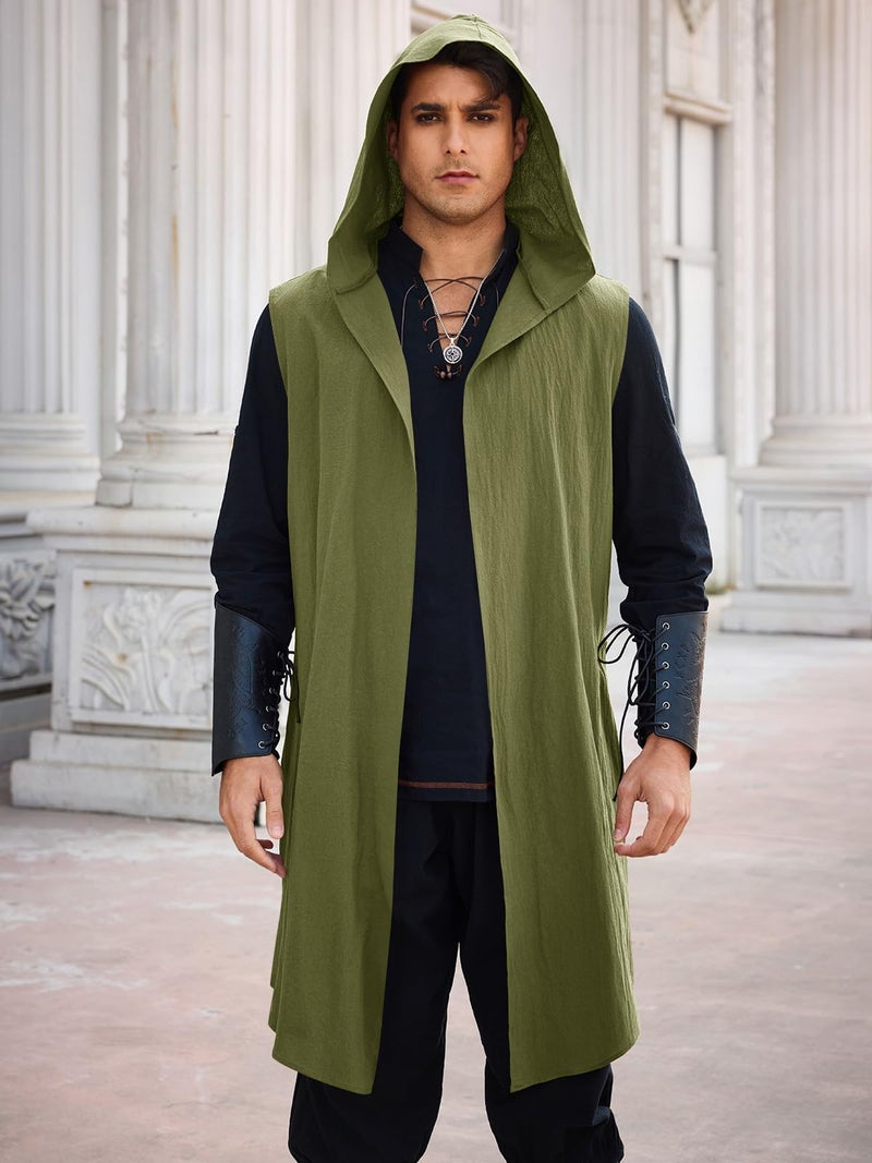 Runcati Mens Renaissance Costume Hooded Surcoat Medieval Knight Sleeveless Tunic Tops Tabard Viking Holloween Cloak Army Green - Image 2